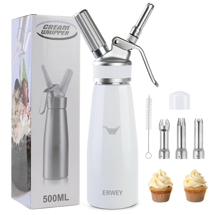 ERWEY Sahnespender 500ML, Sahnesyphon Edelstahl, Sahnesprüher Auslaufsicherer Einfach Reinigen mit 3