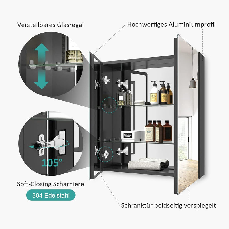 EMKE Spiegelschränke 60x65cm Spiegelschrank Badschrank mit Doppelseitiger Spiegel (Grau) Grau 60 x 6