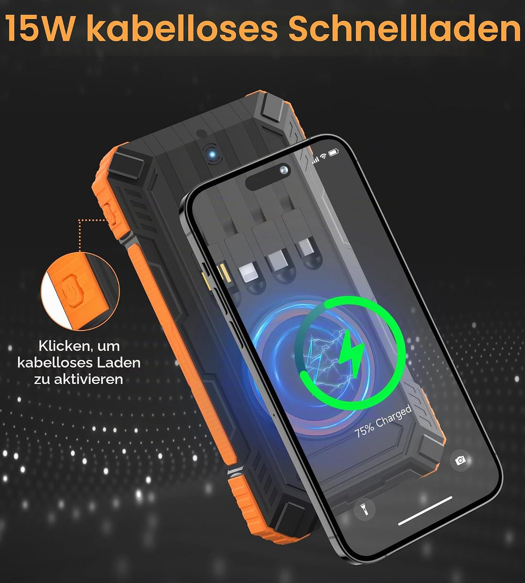 56800mAh Solar Powerbank, Wireless Power Bank gross mit 4 Kabeln, 30W PD Schnellladefunktion, 6 Ausg