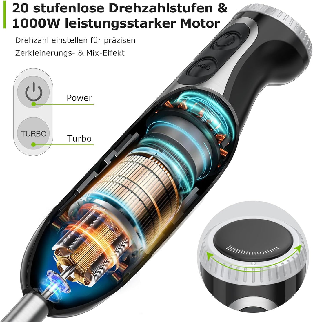 Bonsenkitchen Pürierstab, 4-en-1 Stabmixer Elektrischer, 1000W Stufenlos Geschwindigkeiten Püriersta