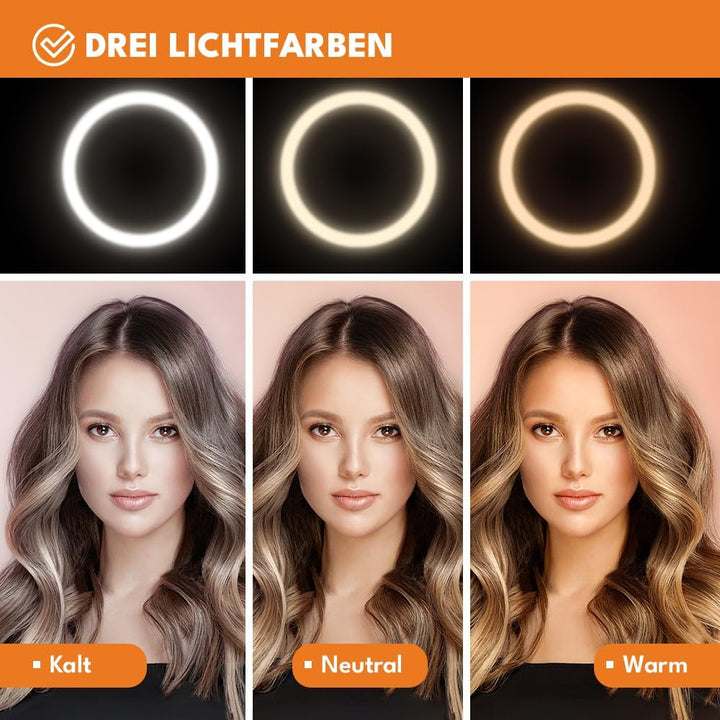 KRUMAD Ringlicht mit Stativ, LED Ringleuchte, Ringlampe, Selfie Licht | 3 Lichtfarben, mit Handyhalt