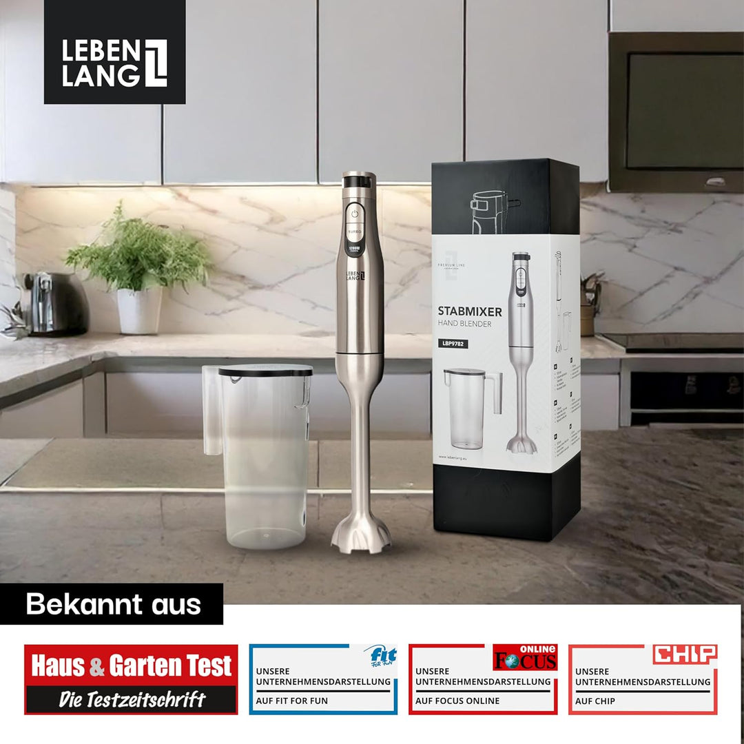 LEBENLANG Premium 1200W Stabmixer Edelstahl - Inkl. 1000ml Messbecher & Spritzschutz I Stufenlos ver