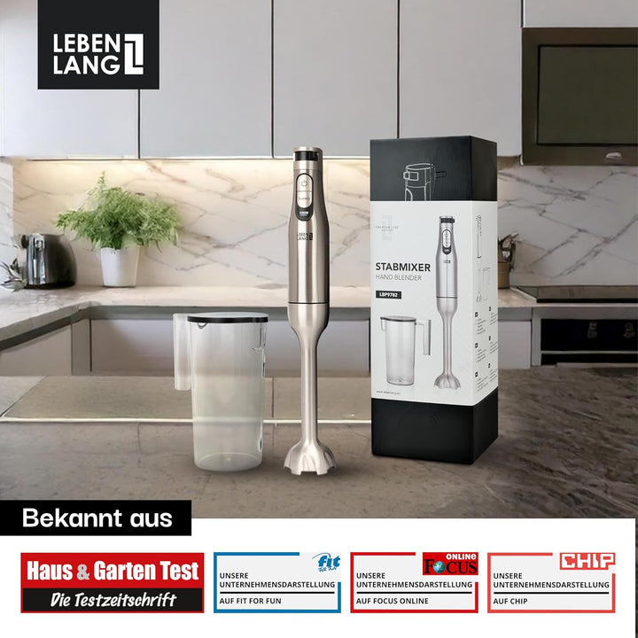 LEBENLANG Premium 1200W Stabmixer Edelstahl - Inkl. 1000ml Messbecher & Spritzschutz I Stufenlos ver