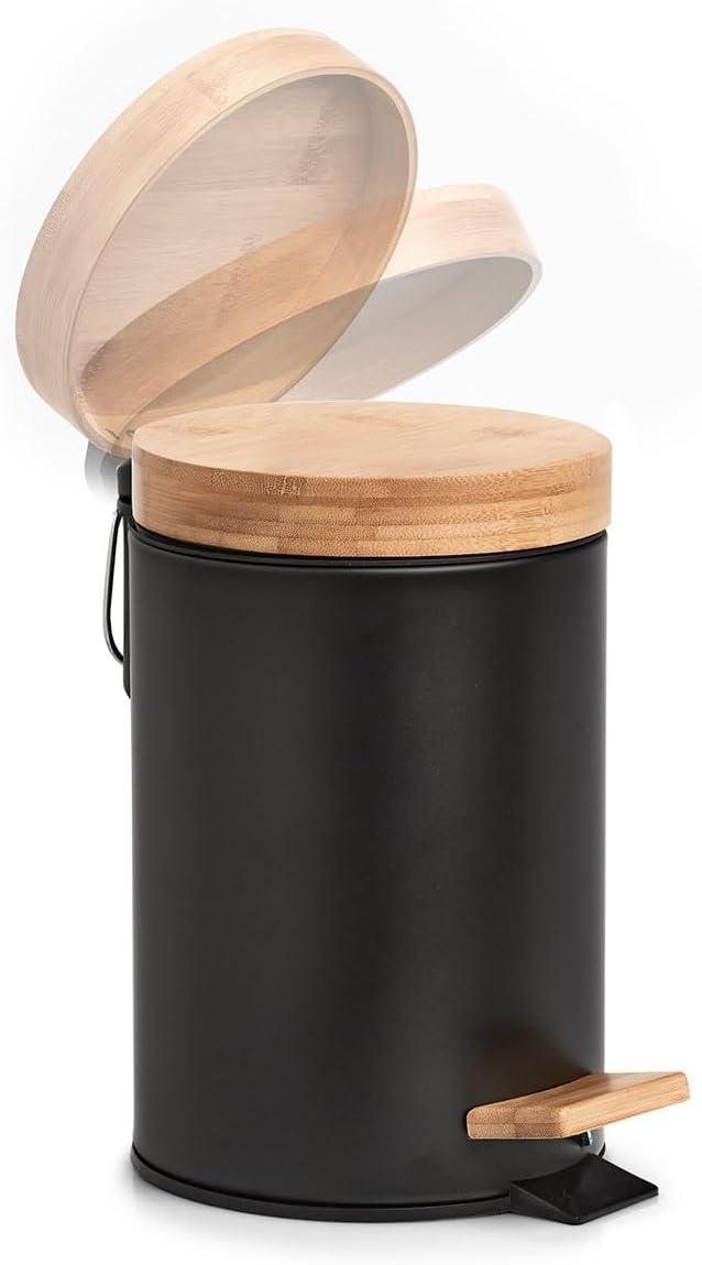 Kosmetikeimer aus Metall mit Bambusdeckel schwarz 3 Liter mit Absenkautomatik Schwarz Ø16,8 x 24 cm,