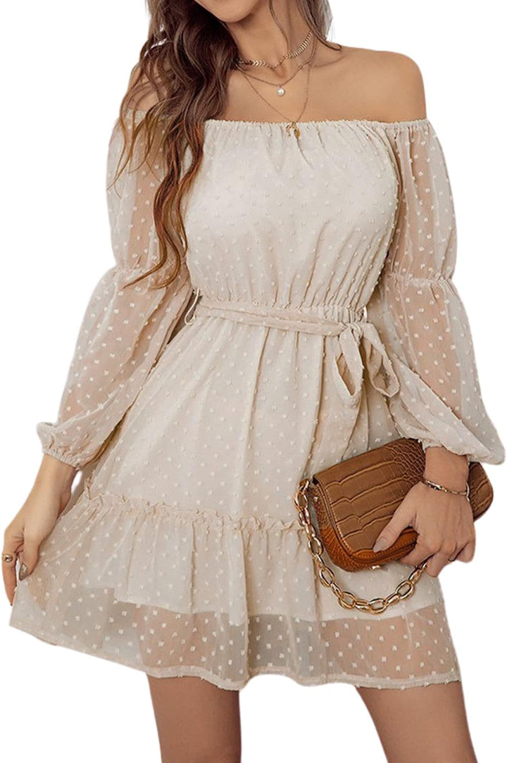 BebreezChic Kleid Damen Elegant Langarm Off Shoulder Einfarbig Swiss Dot Luftig Sommerkleid Miniklei