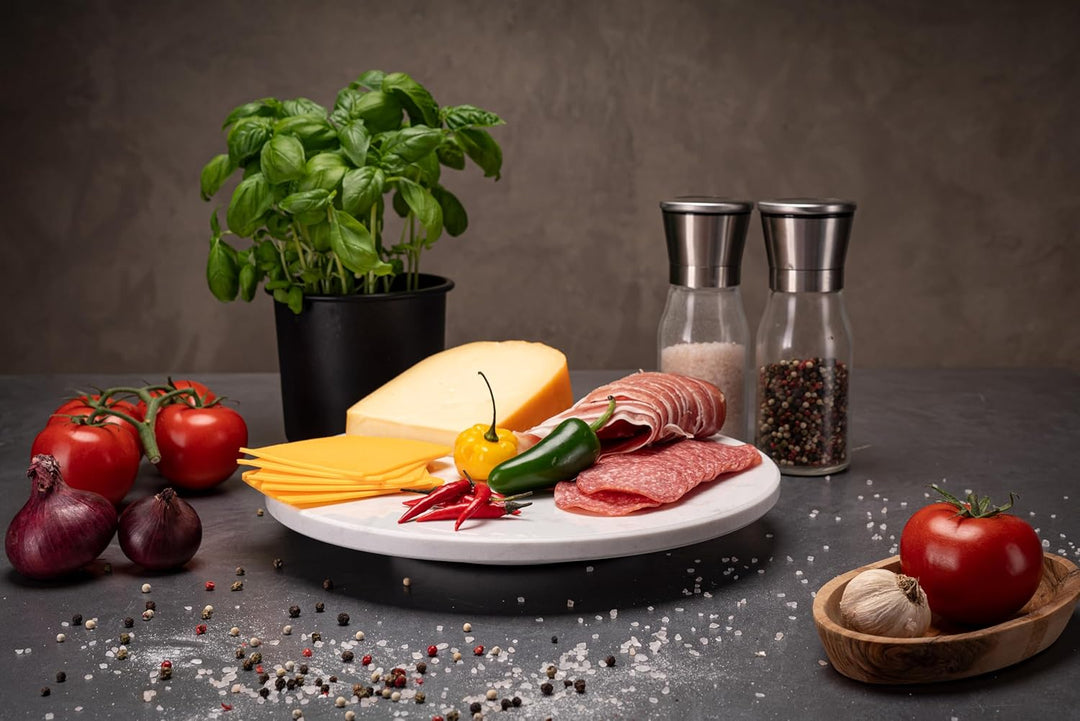 Fino Casa drehbare Marmorplatte rund Tortenplatte Kuchenplatte Wurstplatte Käseplatte Marmor Platte