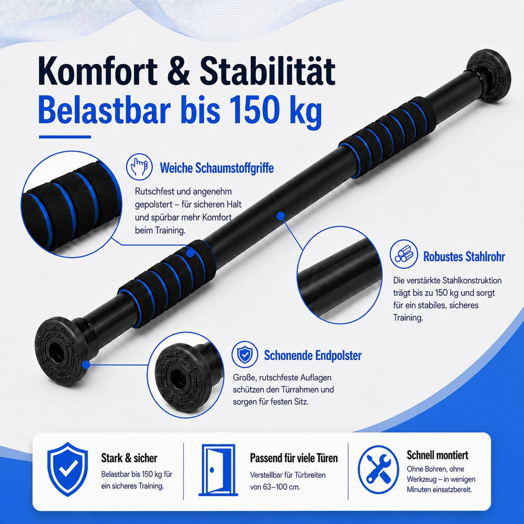 Klimmzugstange Türrahmen 63–100 cm verstellbar, Pull Up Bar ohne Bohren, Türreck Klemmstange bis 150