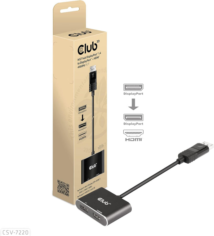 Club 3D MST Hub DisplayPort™ 1.4 auf DisplayPort™ + HDMI™ 4K60Hz St./B. CSV-7220, CSV-7220