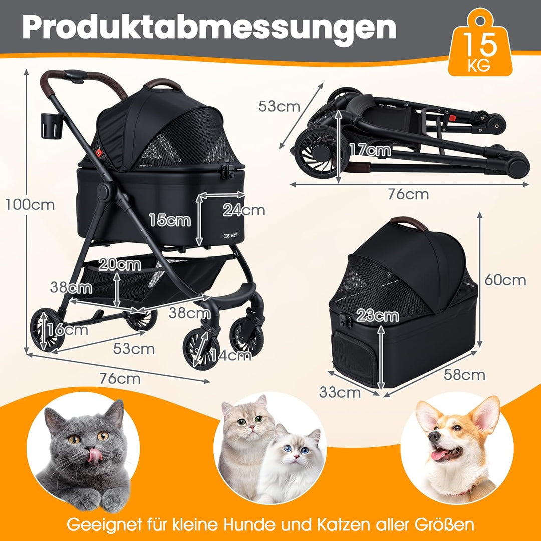 COSTWAY 3 in 1 Hundewagen, Hundebuggy mit verstellbarem Netzdach & Korb & Getränkehalter, Haustiere