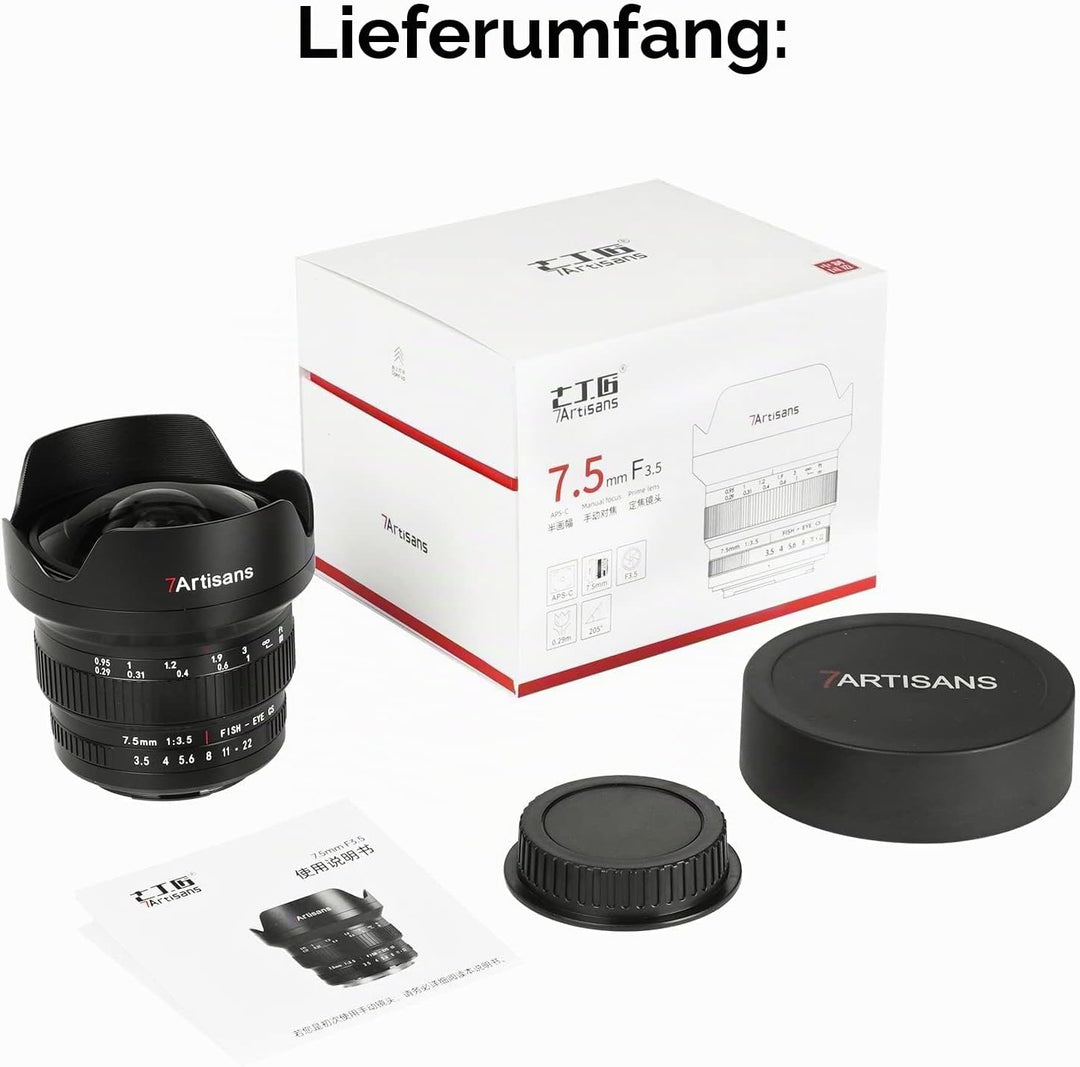 7artisans MF 7,5 mm F3.5 APS-C 205° Ultra-Weitwinkel-Manuelles Fischaugenobjektiv, kompatibel mit Ni