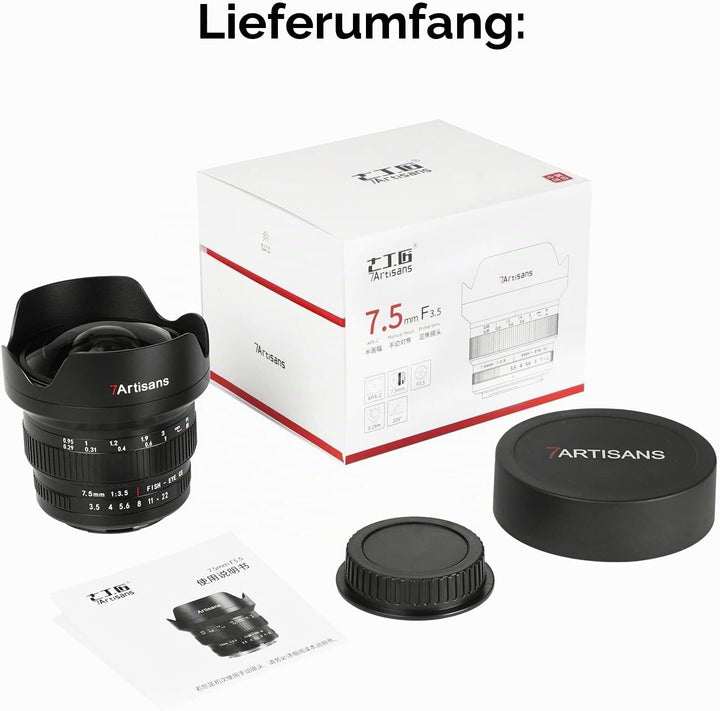 7artisans MF 7,5 mm F3.5 APS-C 205° Ultra-Weitwinkel-Manuelles Fischaugenobjektiv, kompatibel mit Ni