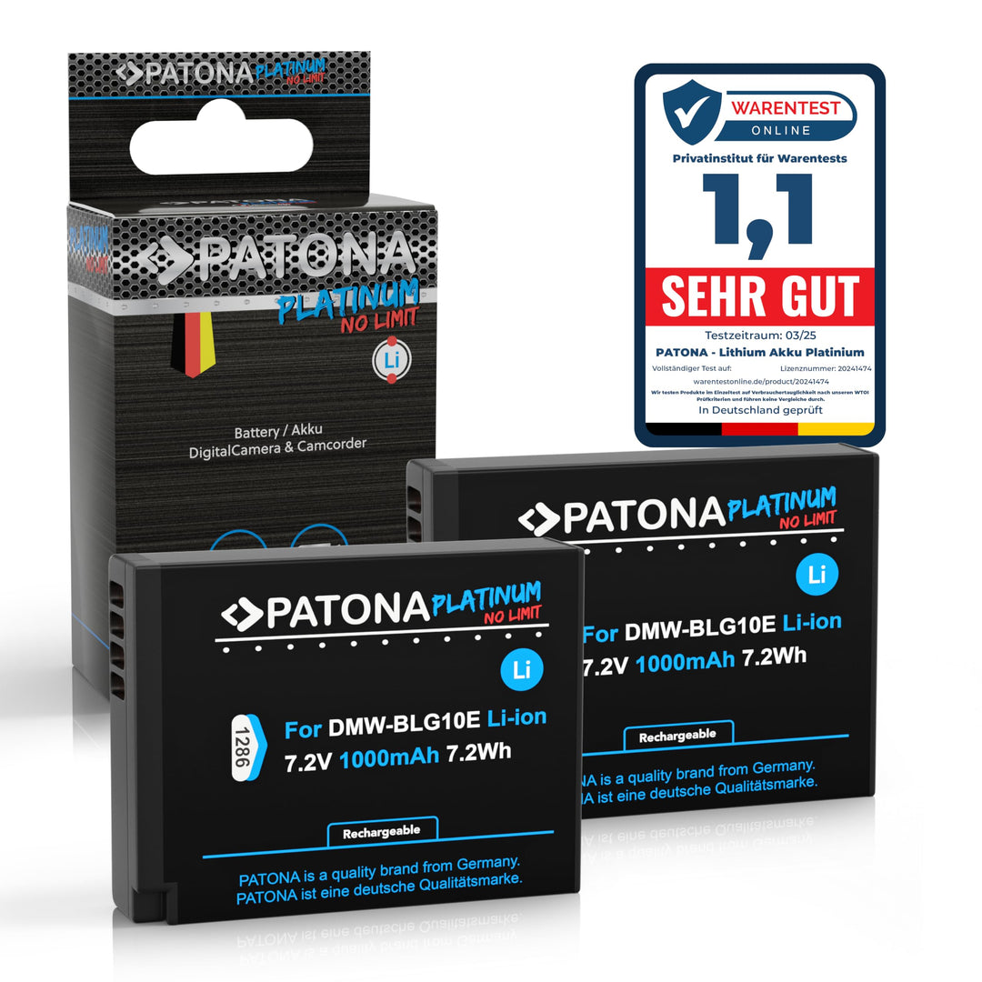 2X PATONA Platinum Akku DMW BLG10 E (1000mAh) - Kompatibel mit Panasonic Lumix DC GX9 TZ202 TZ96 TZ9