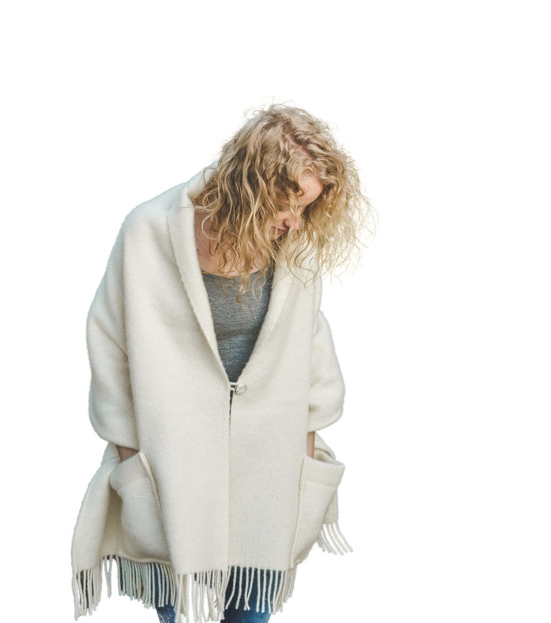 Damen Schal Schultertuch aus 100% Wolle mit Taschen - Poncho Stola 65x180cm + Fransen Tuch & Umschla