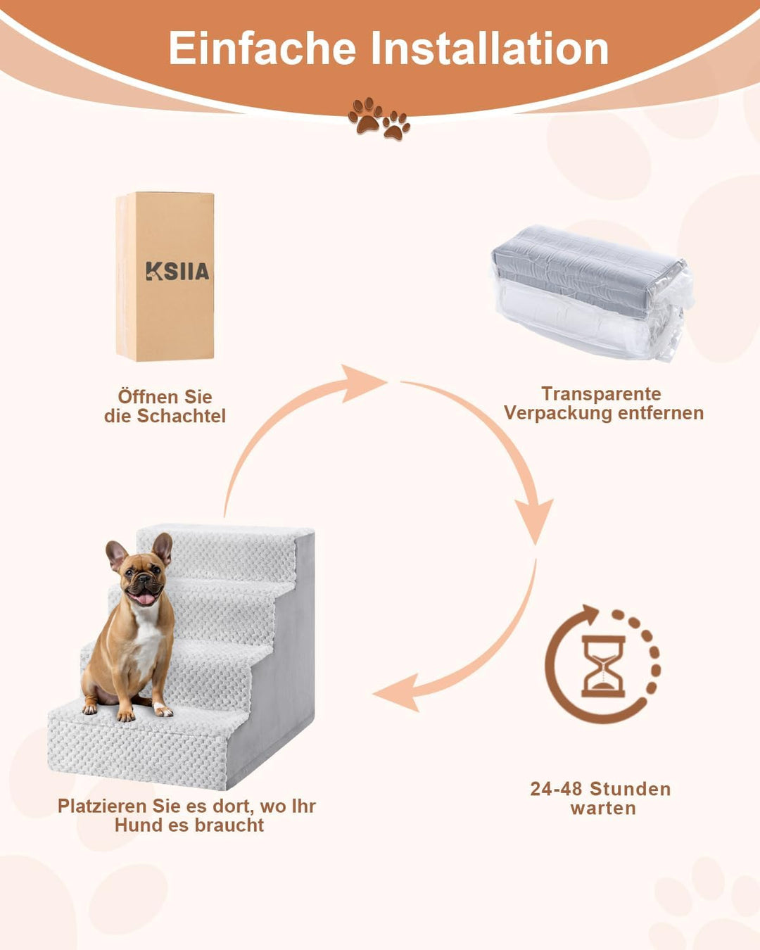 KSIIA Hundetreppe für Kleine Hunde 44cm Hoch, Haustiertreppe mit Abnehmbarem Waschbarem Bezug, Katze