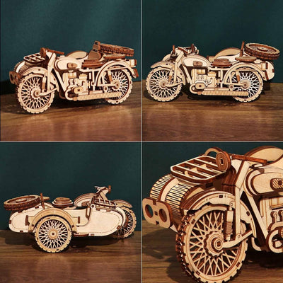 Motorrad mit Beiwagen 3D-Puzzles – Motorrad Dreirad Holzmodellbausätze für Erwachsene zum Bauen – Re