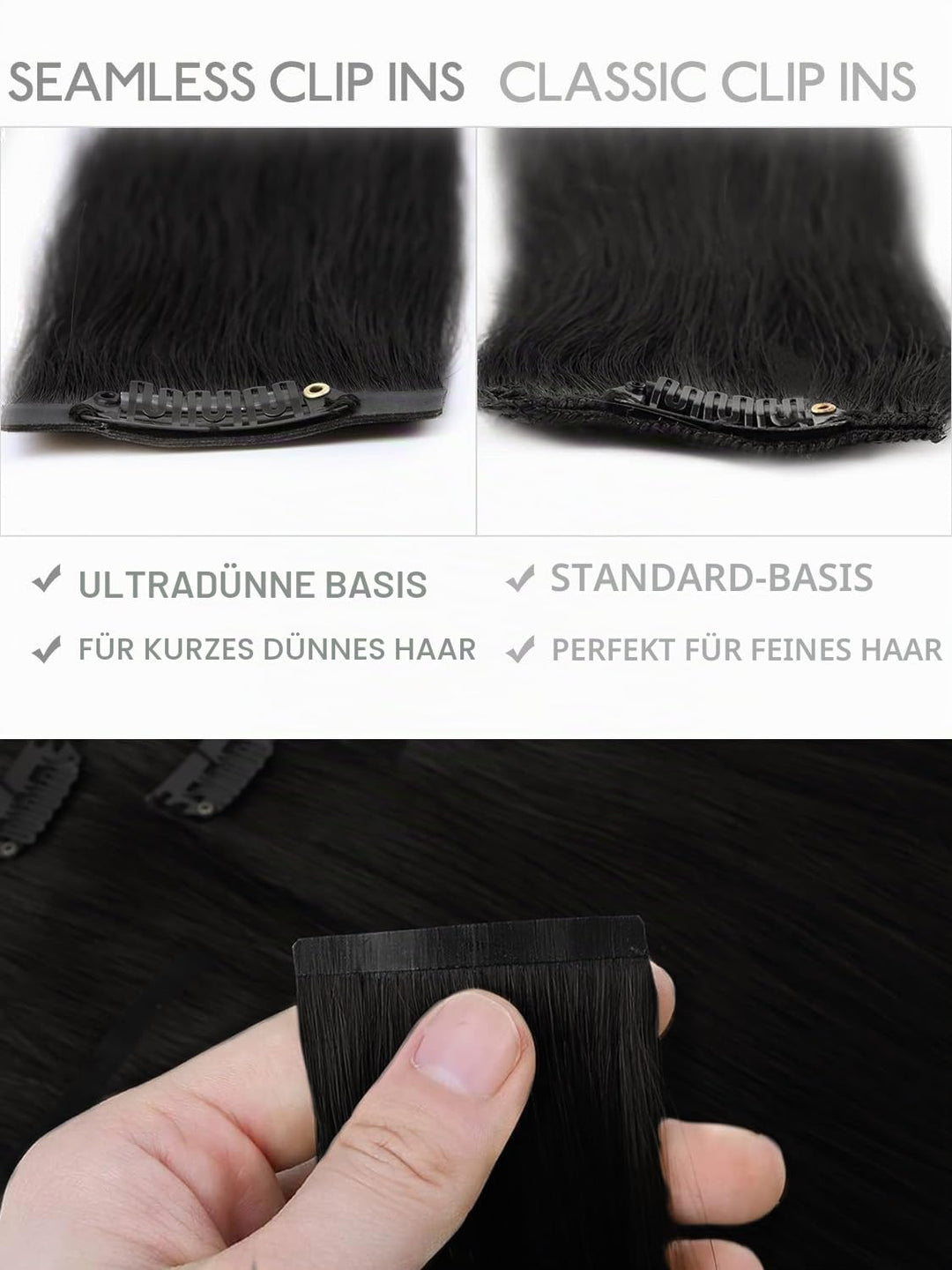 Nahtlose Clip In Extensions Echthaar, 50cm 7pcs 150g Tief Schwarz Echthaar Extensions Clip Remy Natü