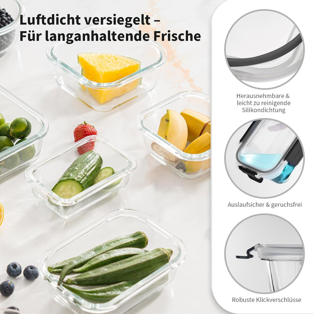 Meal Prep Boxen Glas, Glasdosen mit Deckel Set, Frischhaltedosen Glas mit Auslaufsicherer Verschluss