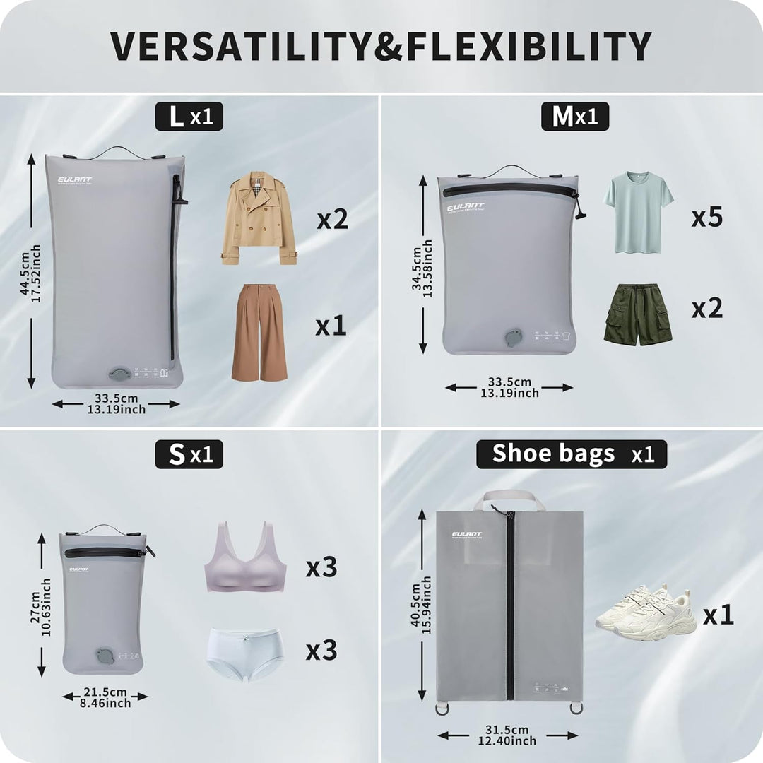 EULANT Kompressions Packwürfel Set 4 für Koffer, 3 Stück Wasserdicht Vakuumbeutel + 1 Schuh Tasche,