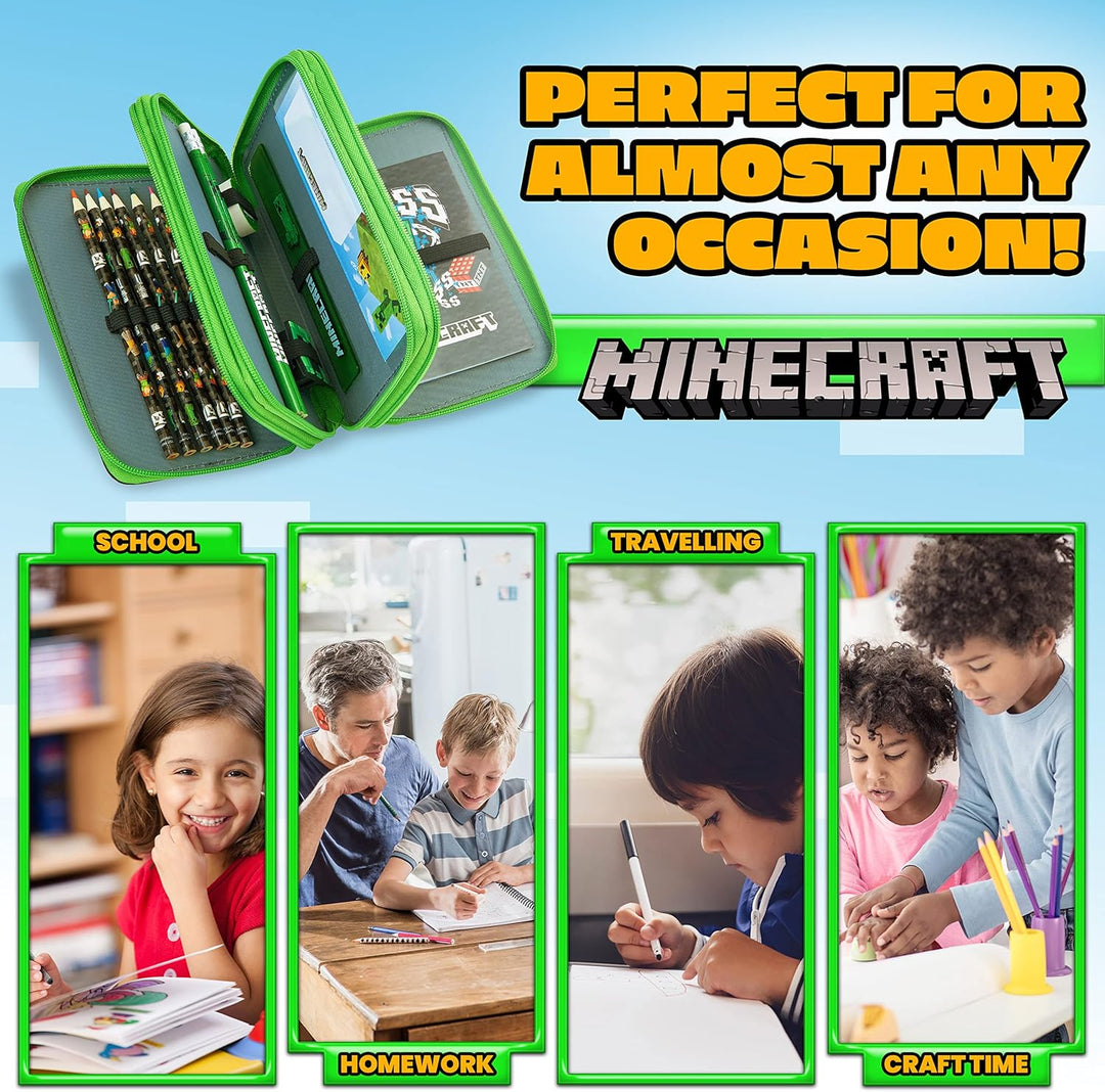 Minecraft Federmäppchen Jungen und Mädchen Mäppchen Gefüllt Creeper Federmappe mit Schreibwaren Game