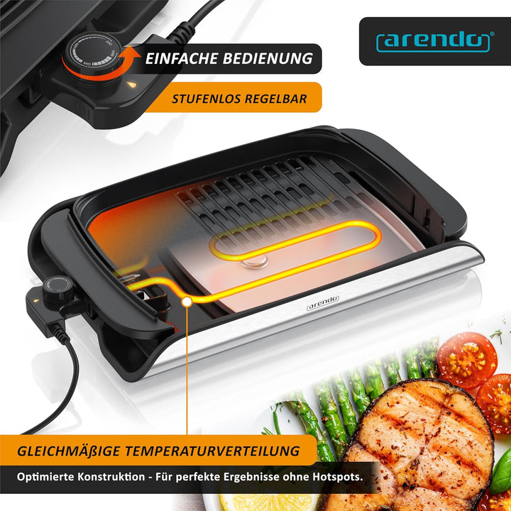 Arendo - Tischgrill Elektrogrill Edelstahl - mit Glasdeckel – extrastark 2000 Watt - Steaks, Würstch