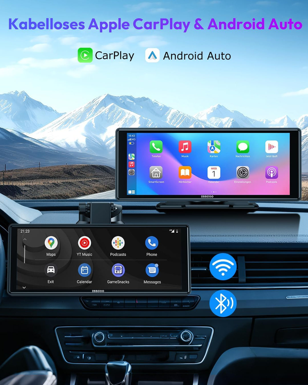 ESSGOO Carplay Android Auto Display mit Rückfahrkamera,10.26 Zoll Apple Carplay Bildschirm für Andro
