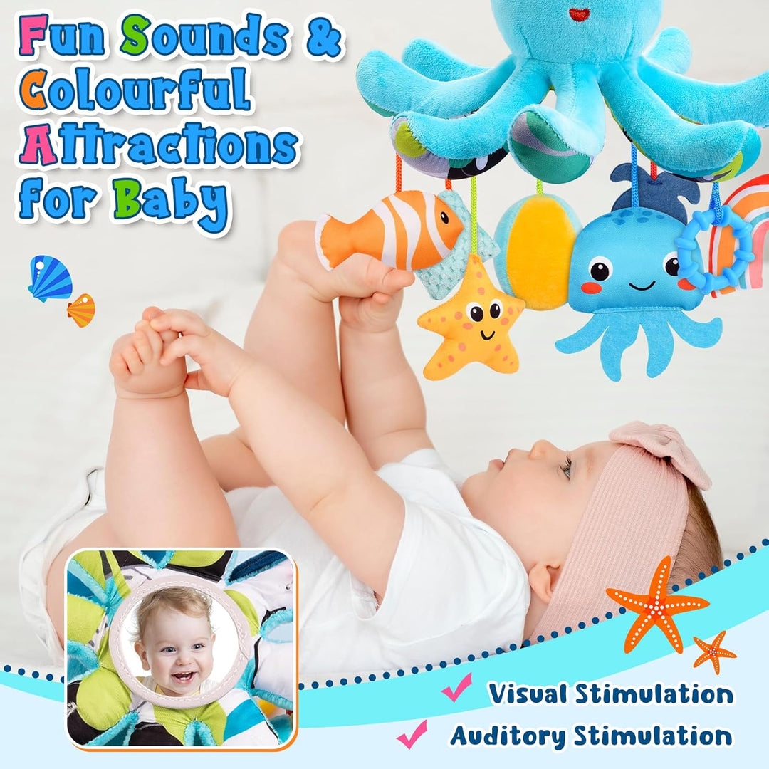 Plüsch Oktopus Baby Spielzeug 0-18 Monate – mit 8 hängenden Sensory-Spielzeugen & Spiegel– Baby Mont