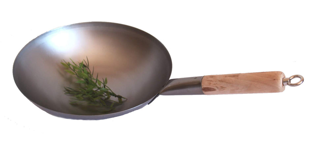 Wok Pfanne runder Boden Ø 30 cm, für Gas, mit Holzgriff auch zum Aufhängen