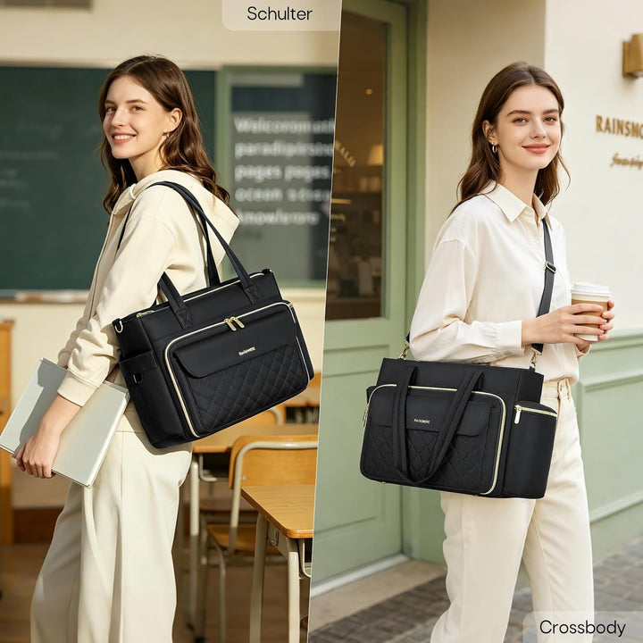 RAINSMORE Lehrertasche Damen Gross Laptoptasche, 15,6 Zoll, Schwarz | Arbeitstasche Isolierfach und