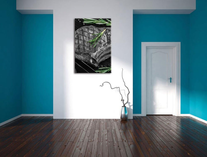 Pixxprint leckeres Rumpsteak auf Grill als Leinwandbild/Grösse: 100x70 cm/Wandbild/Kunstdruck/fertig