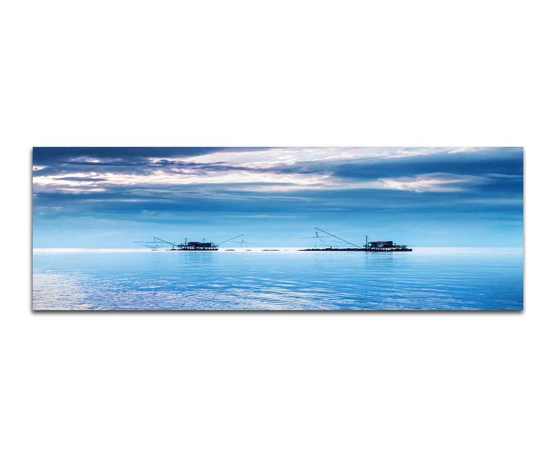Paul Sinus Art Panoramabild auf Leinwand und Keilrahmen 150x50cm Italien Meer Fischerhäuschen Wolken
