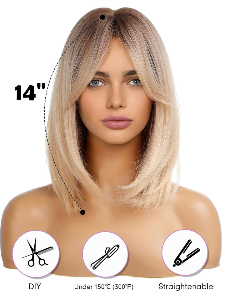 WOKESTAR Kurzes Blond mit Dunklen Wurzeln Farbe Perücken für Frauen, Bob Style Synthetische Hitzebes