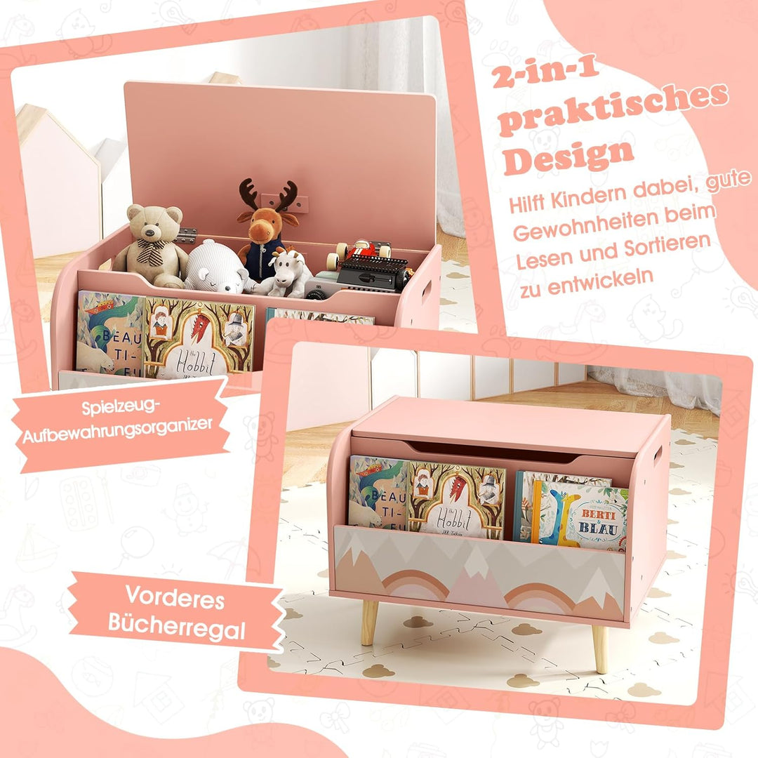 COSTWAY Spielzeugtruhe mit Deckel, 2 in 1 Spielzeugkiste aus Holz mit Bücherregal, Sitztruhe mit Sta