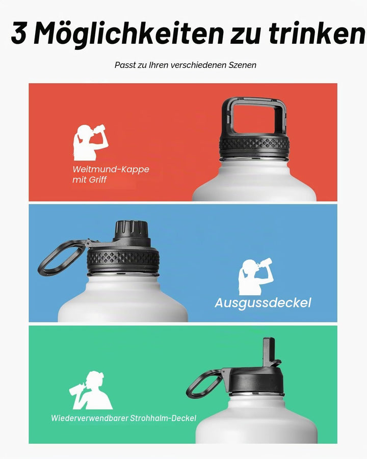 Coolflask Isolierte Wasserflasche mit Strohhalm und 3 Deckeln, 1,8 l Wasserkrug, grosser Metall-Edel
