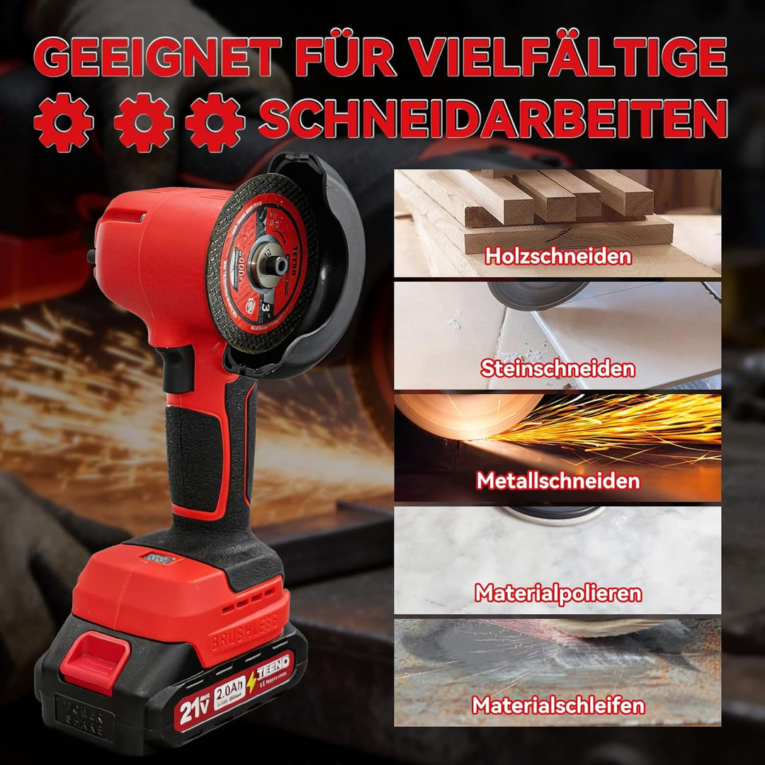 TEENO 21V Winkelschleifer mit Bürsten, 19500 U/min, inklusive 2 Akkus mit 1500mAh und 6 Schleifschei