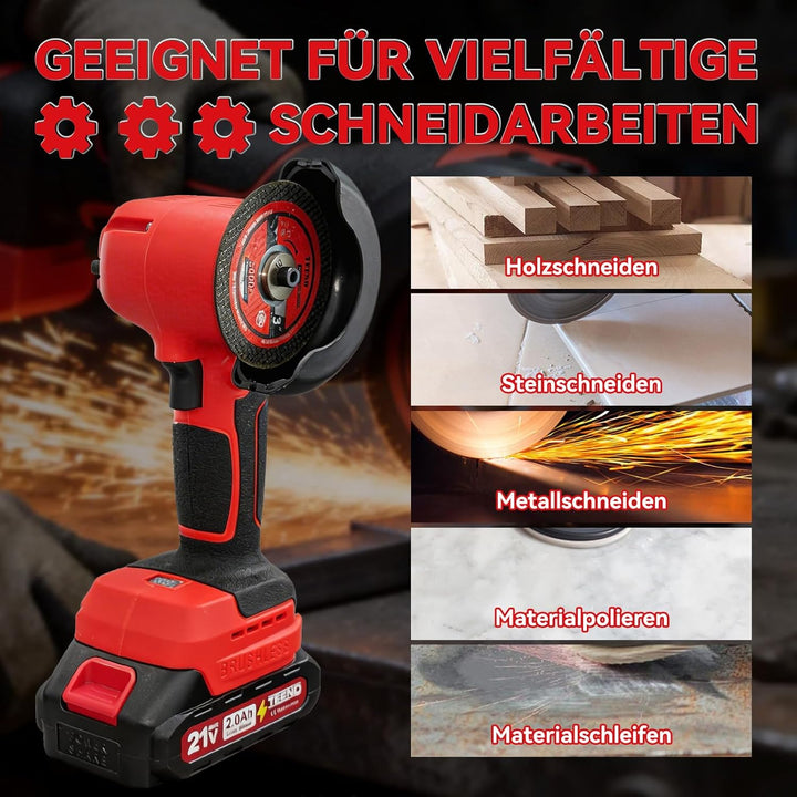 TEENO 21V Winkelschleifer mit Bürsten, 19500 U/min, inklusive 2 Akkus mit 1500mAh und 6 Schleifschei