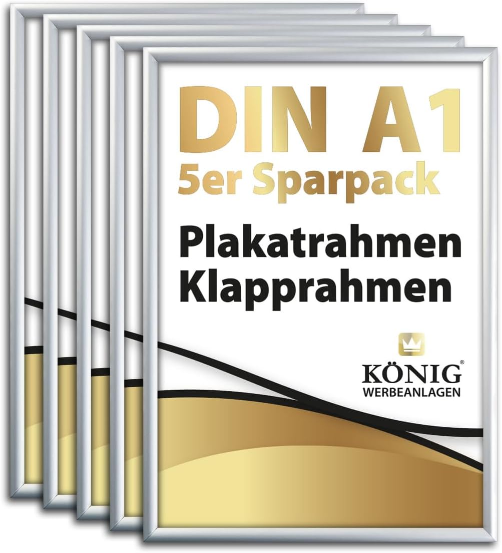 5 Plakatrahmen DIN A1 | 25mm Aluminium Profil, Silber | inkl. entspiegelter Schutzscheibe | Alu Klap