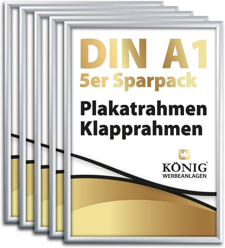 5 Plakatrahmen DIN A1 | 25mm Aluminium Profil, Silber | inkl. entspiegelter Schutzscheibe | Alu Klap
