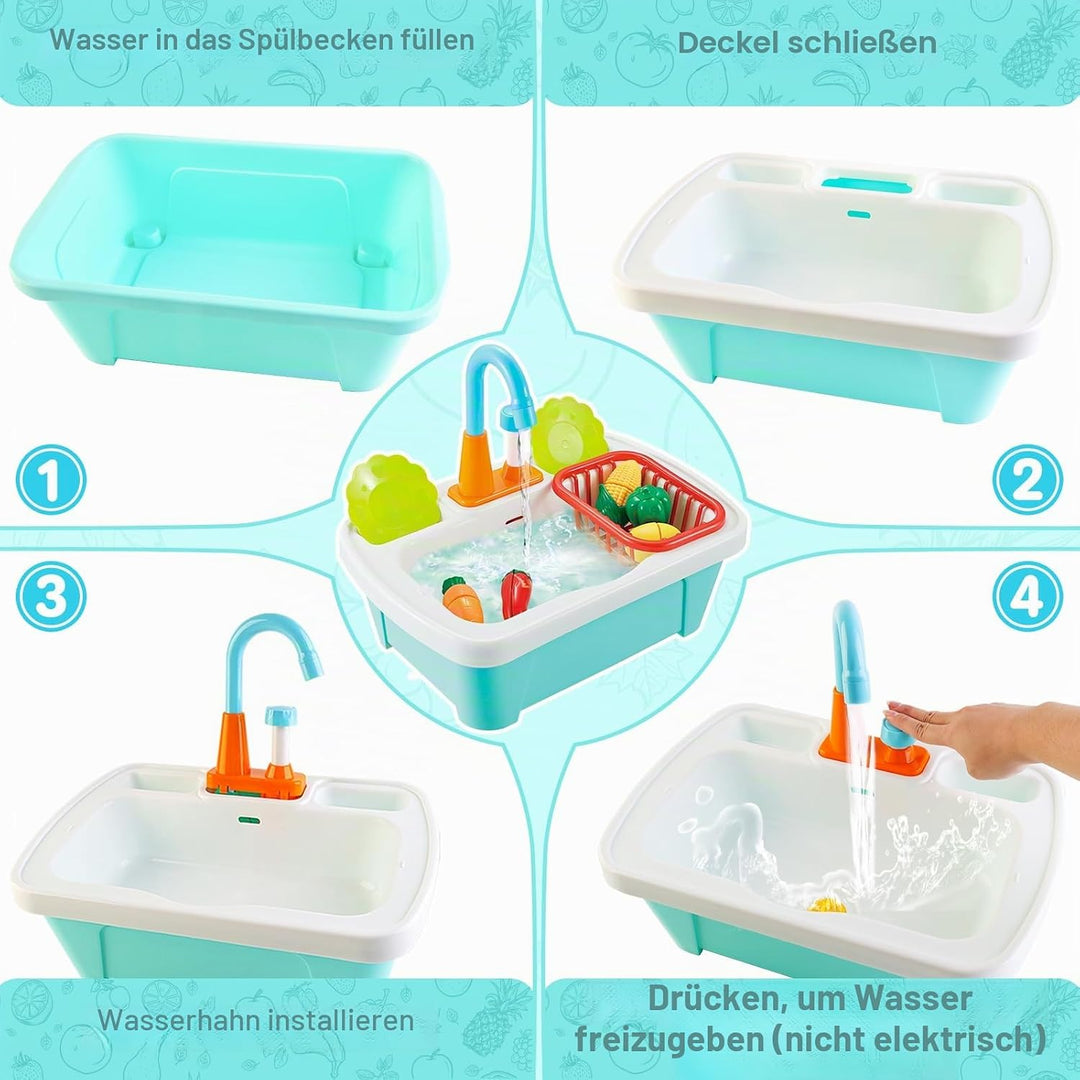 deAO Kinderwaschbecken mit echtem Wasser – Spielküche mit Spüle und Zubehör, Lernspielzeug für Kinde