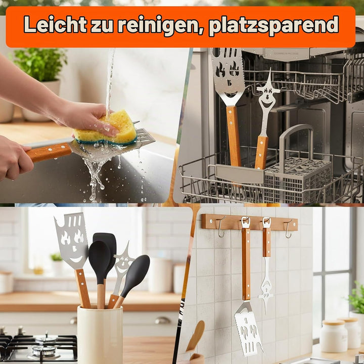 Cyiecw 2 Stück Grillbesteck Set, 7 in 1 Grillspachtel Edelstahl mit Holzgriff, Multifunktionales Gri
