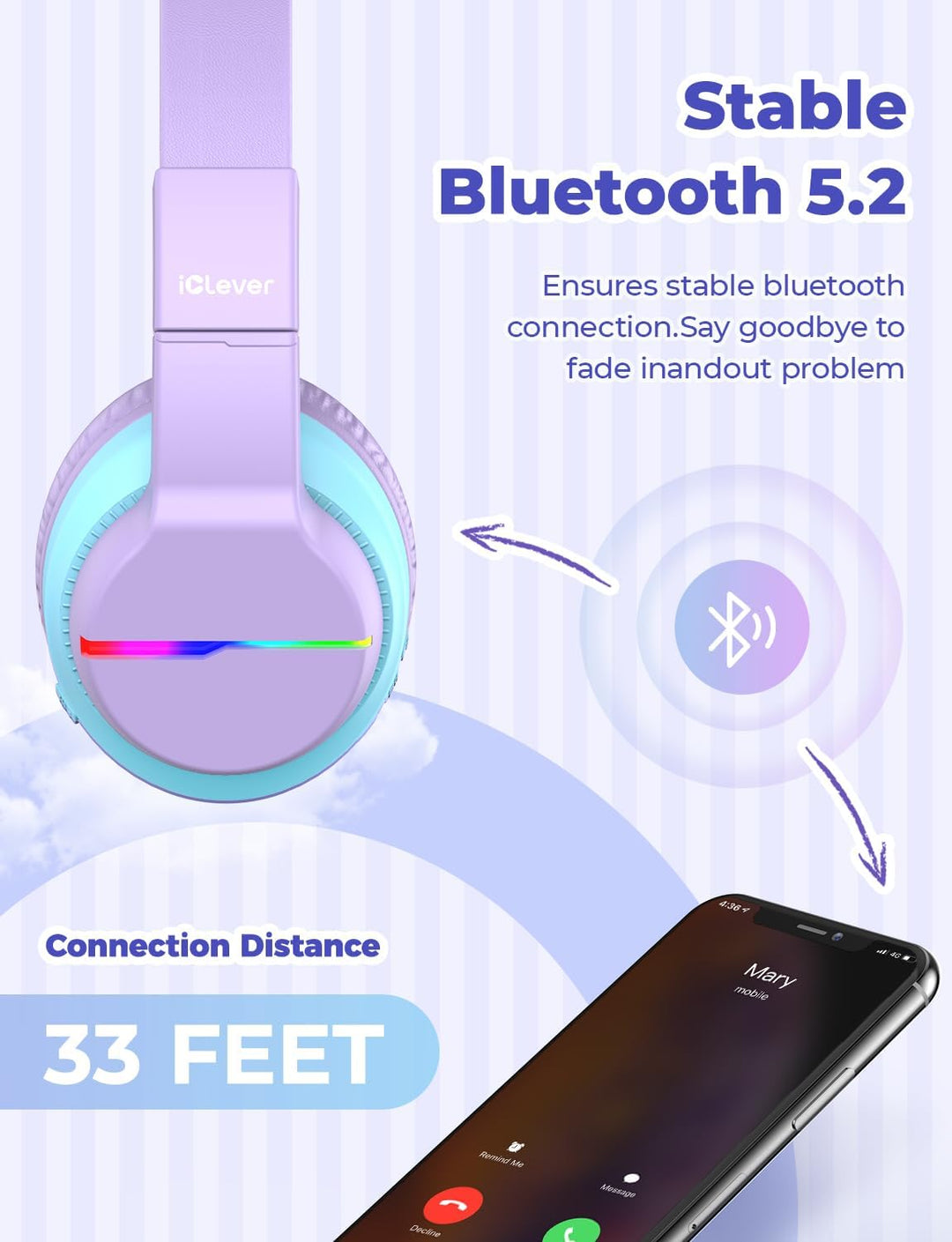 iClever Bluetooth Kinder Kopfhörer, Farbige LED-Leuchten, Kinderkopfhörer Over-Ear mit 74/85/94dB La