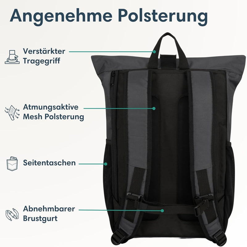 LARKSON Rolltop Rucksack Herren & Damen Gross Anthrazit - No 2 - Daypack für Schule, Uni, Fahrrad -