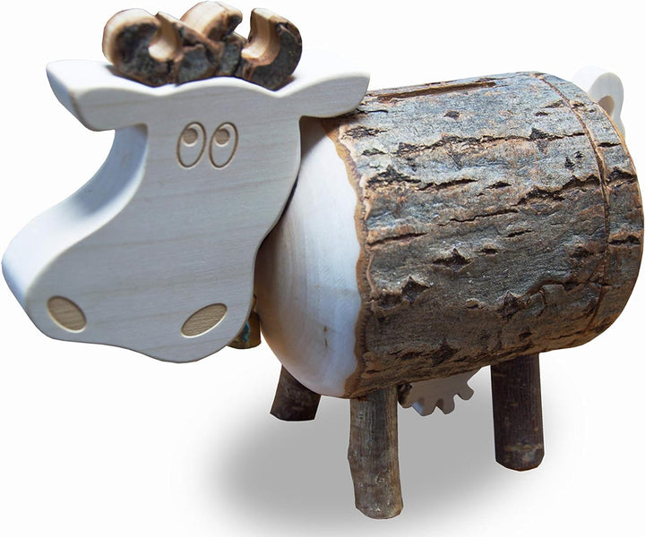 Waldfabrik Spardose Kuh Lotte aus Astholz mit Rinde - Spardose aus Holz - kreative Geldgeschenk Idee