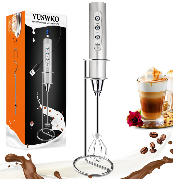YUSWKO Milchaufschäumer Stab für Kaffee mit Ständer, Usb Wiederaufladbarer Aufschäumer, 3 Schneebese