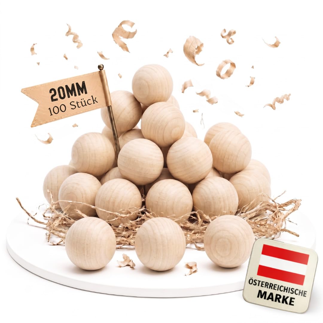EV® Holzkugeln ohne Loch - 100 Stück 20mm Durchmesser - Made in Austria - Kleine Holzperlen ohne Boh
