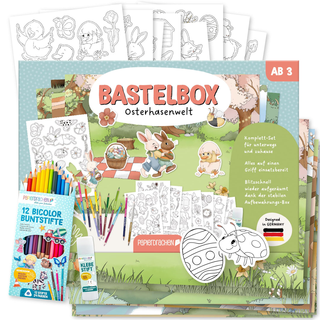 Papierdrachen Bastelbox Osterhasenwelt - Komplettes Ostern Bastelset ab 3 Jahren - Inkl. Buntstifte