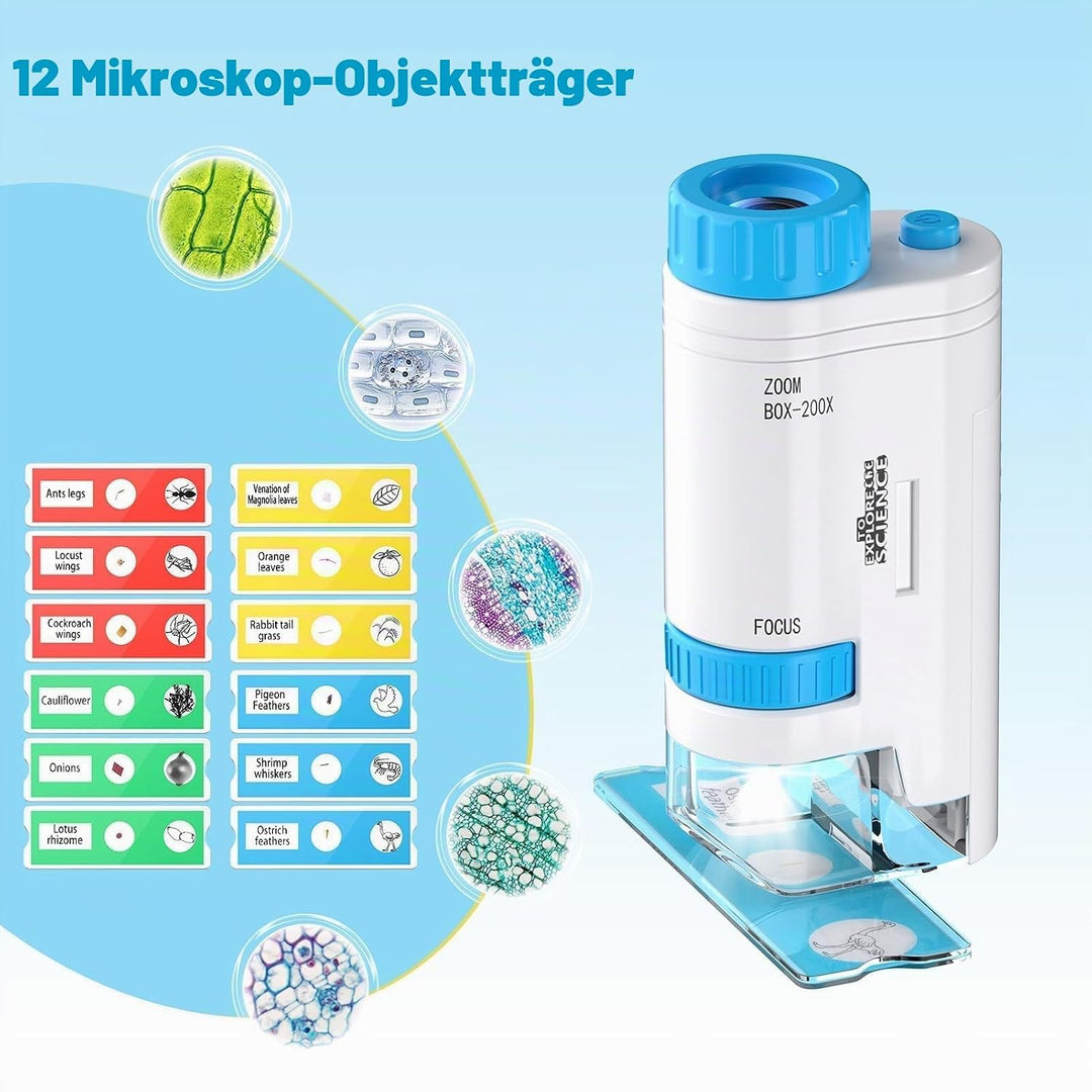 80x-200x Taschenmikroskop Kinder, LED Mikroskop für Kinder mit 12 Objektträgern LED-Licht Microscope