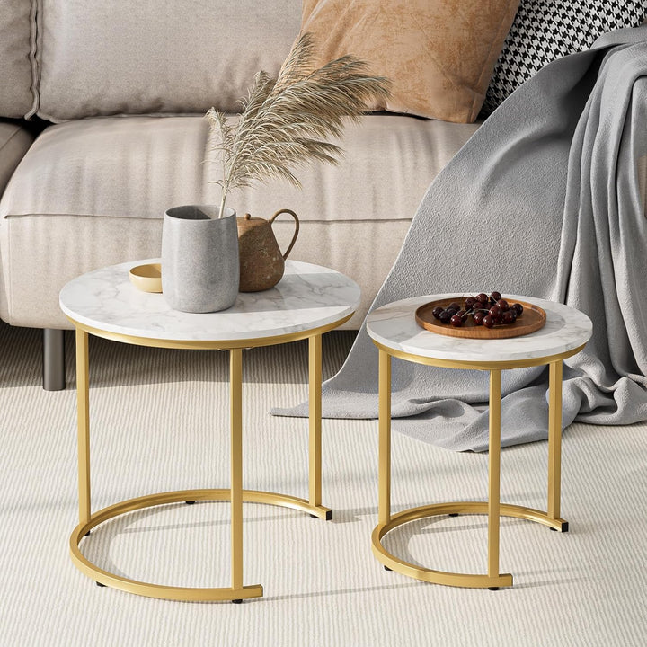 HEYZOEY Couchtisch Rund 2er Set, Wohnzimmertisch, Beistelltische Gold Metall, Kaffeetisch für Sofati