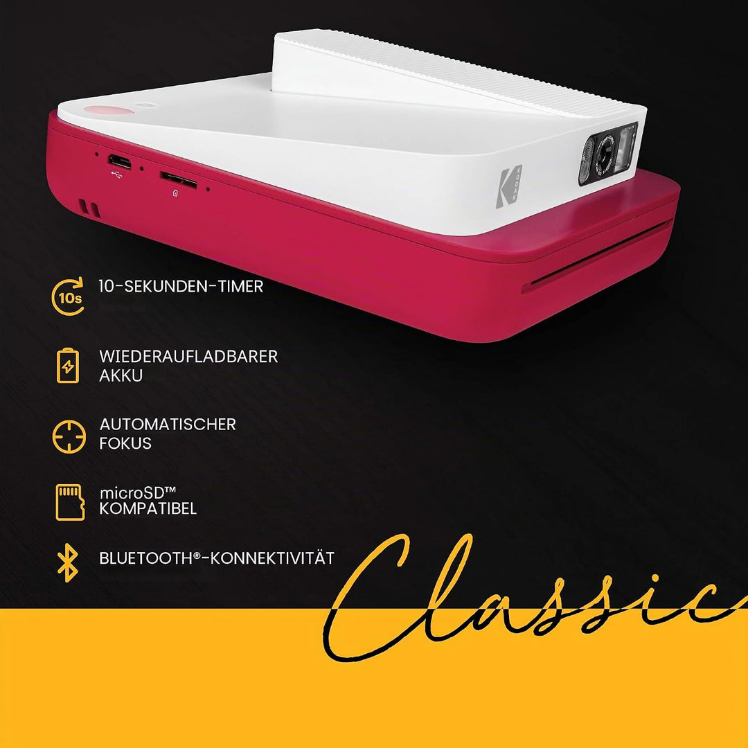KODAK Smile Classic Sofortbilddigitalkamera + Bluetooth (Rot), 16MP, 35 Drucke/Aufladung – Starter-P
