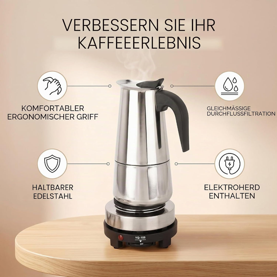 Ymiko 450ml Edelstahl Elektrokochherd Moka Herstellungskanne Espressotassenmaschine Heizungsset EU-S