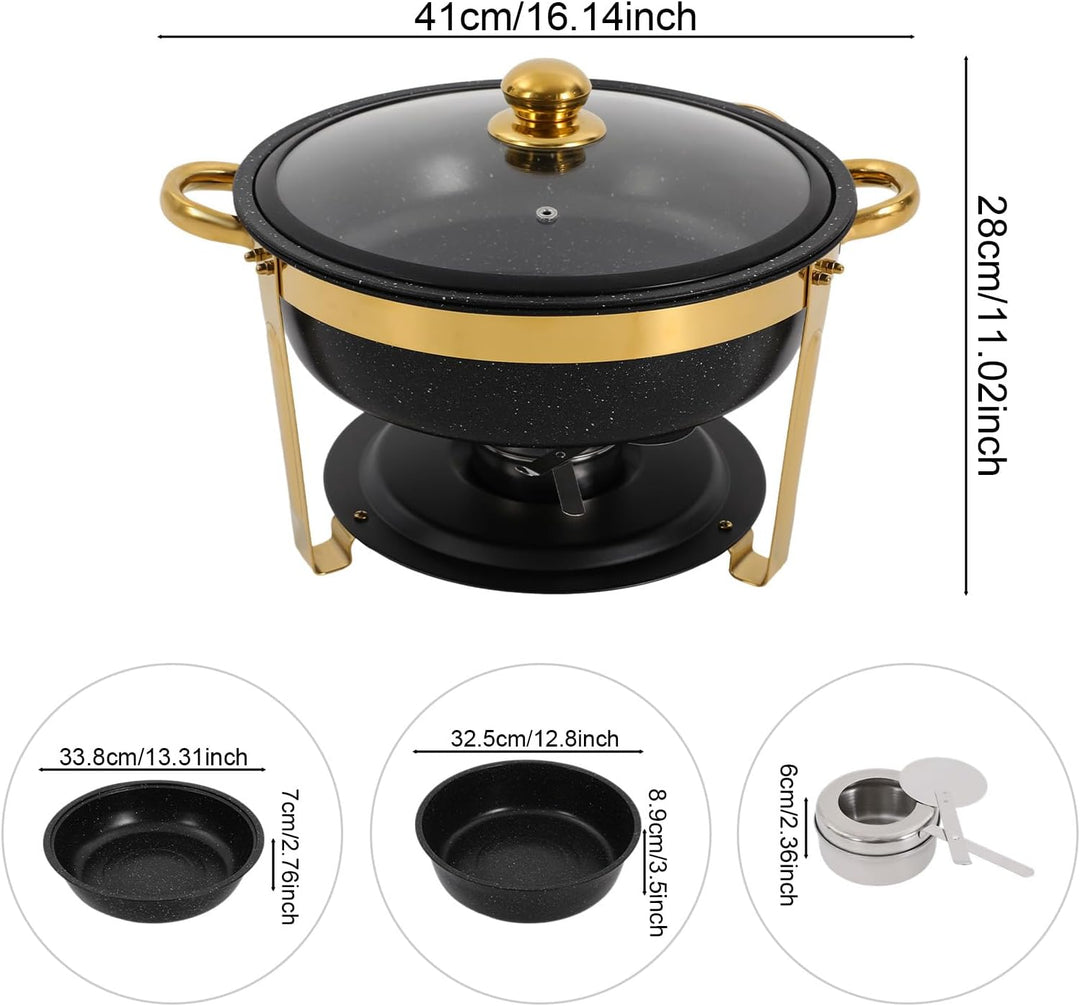 2er Warmhaltebehälter Essen, 5L Rund Edelstahl Chafing Dish Set mit Glasdeckel, Kalt &amp; Heiss Stapelb